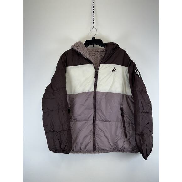 Reebok Jacket Mens XL Brown Ivory Hooded Puffer Sherpa Lined Winter Coat Warm - Picture 1 of 7